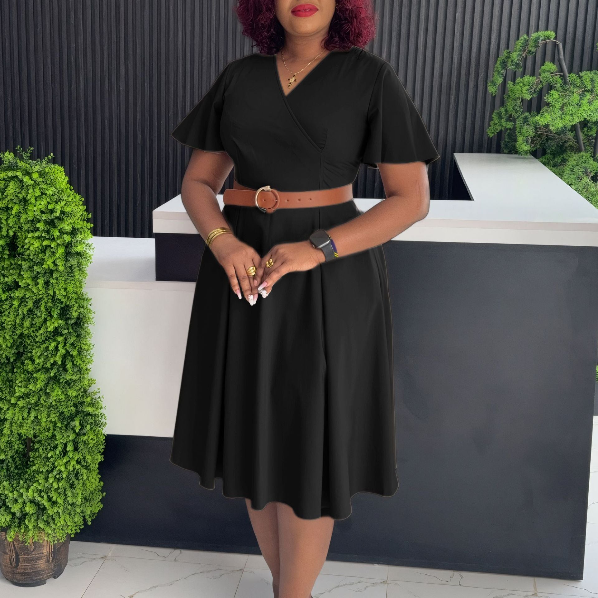 New V-neck Bell Sleeve Casual A- Line Women's Dress