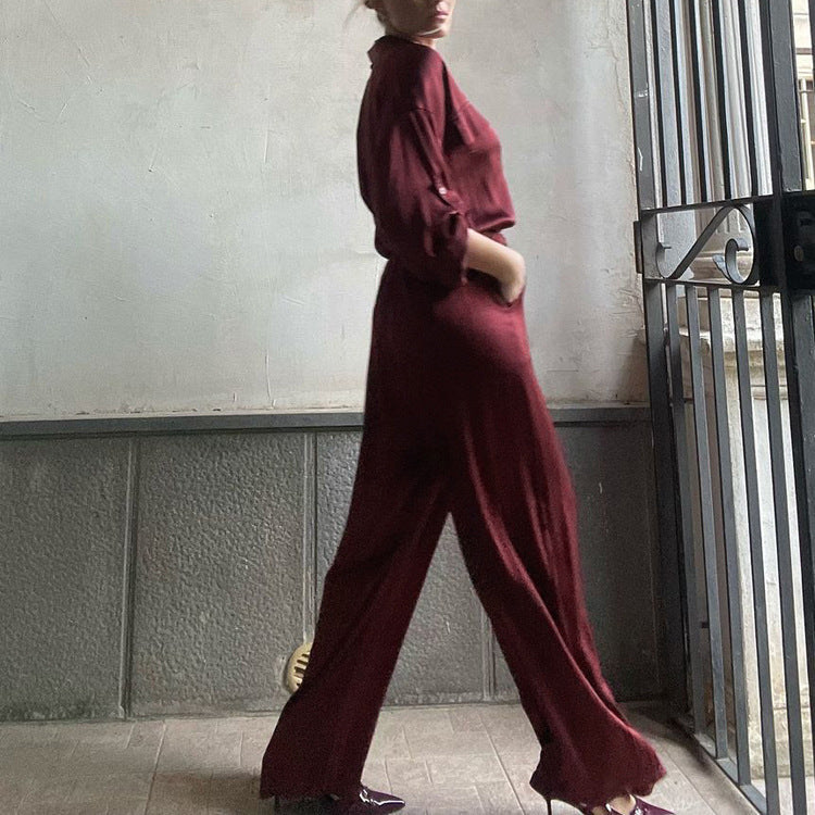 Lapel Long Sleeve Loose Shirt High Waist Trousers Two-piece Set