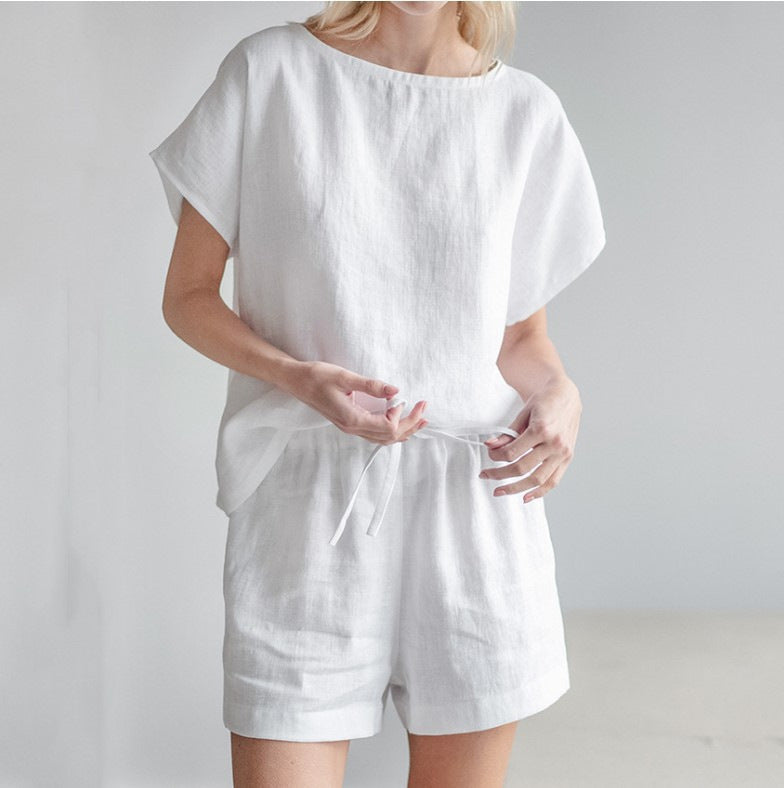 Short Sleeve Cotton Linen Retro Fashion Solid Color Top Shorts Suit