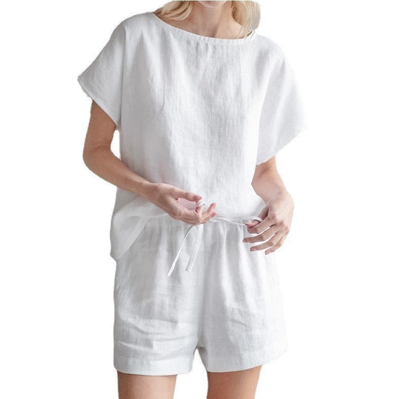 Short Sleeve Cotton Linen Retro Fashion Solid Color Top Shorts Suit