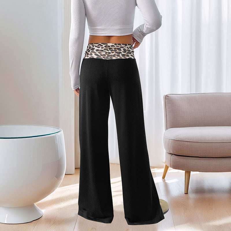 Casual Patchwork Contrast Color Leopard Print Wide Leg Pants For Women