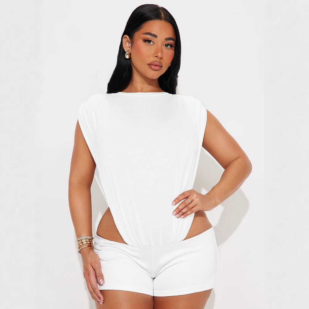 Women's Sleeveless Two-piece Hollow Siamese Top And Tight Shorts