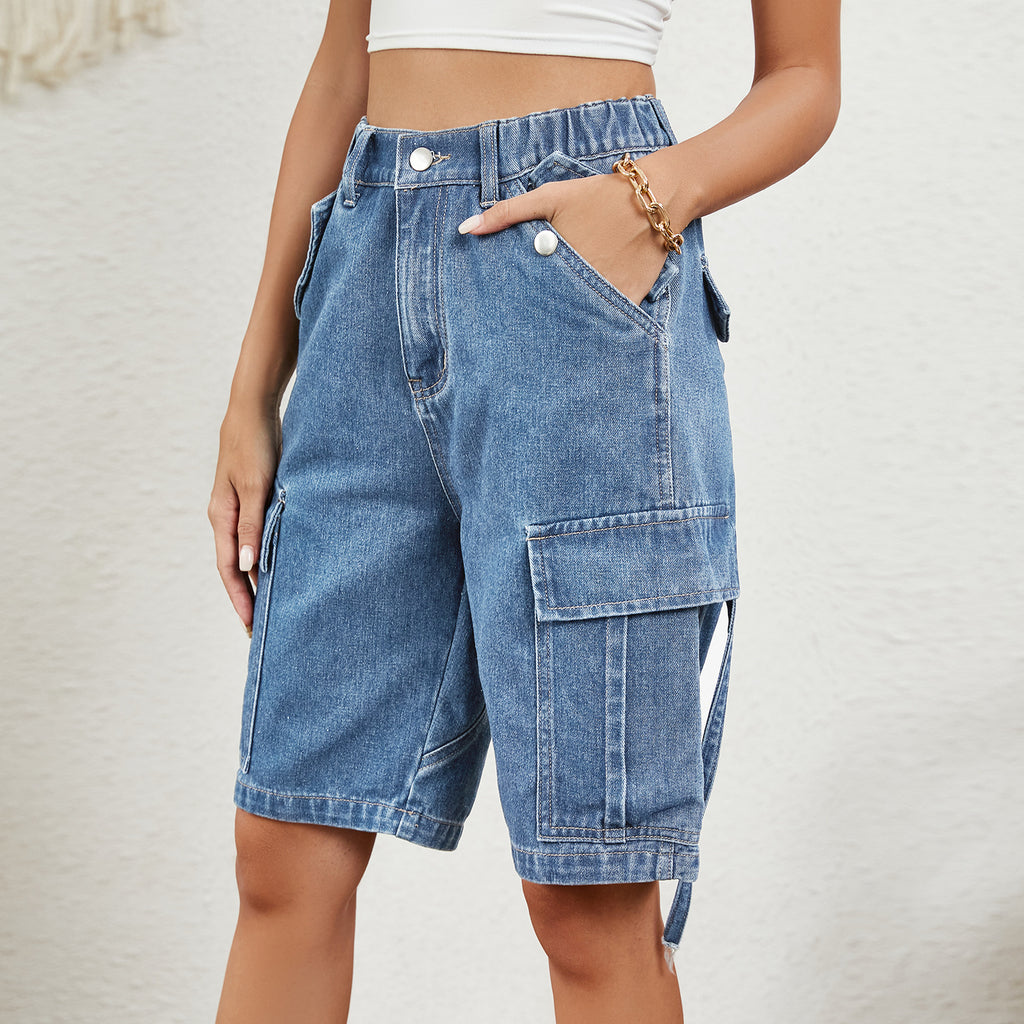 Washed Personalized Denim Cargo Pants Shorts
