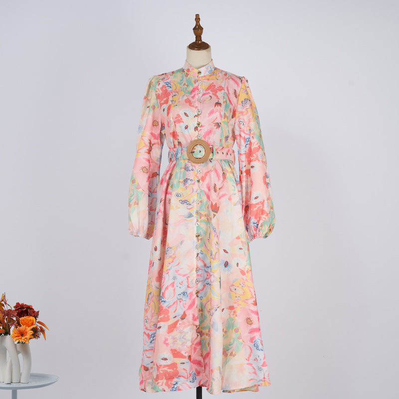 Single-breasted Stand-up Collar Puff Sleeve Waist With Belt Long Dress