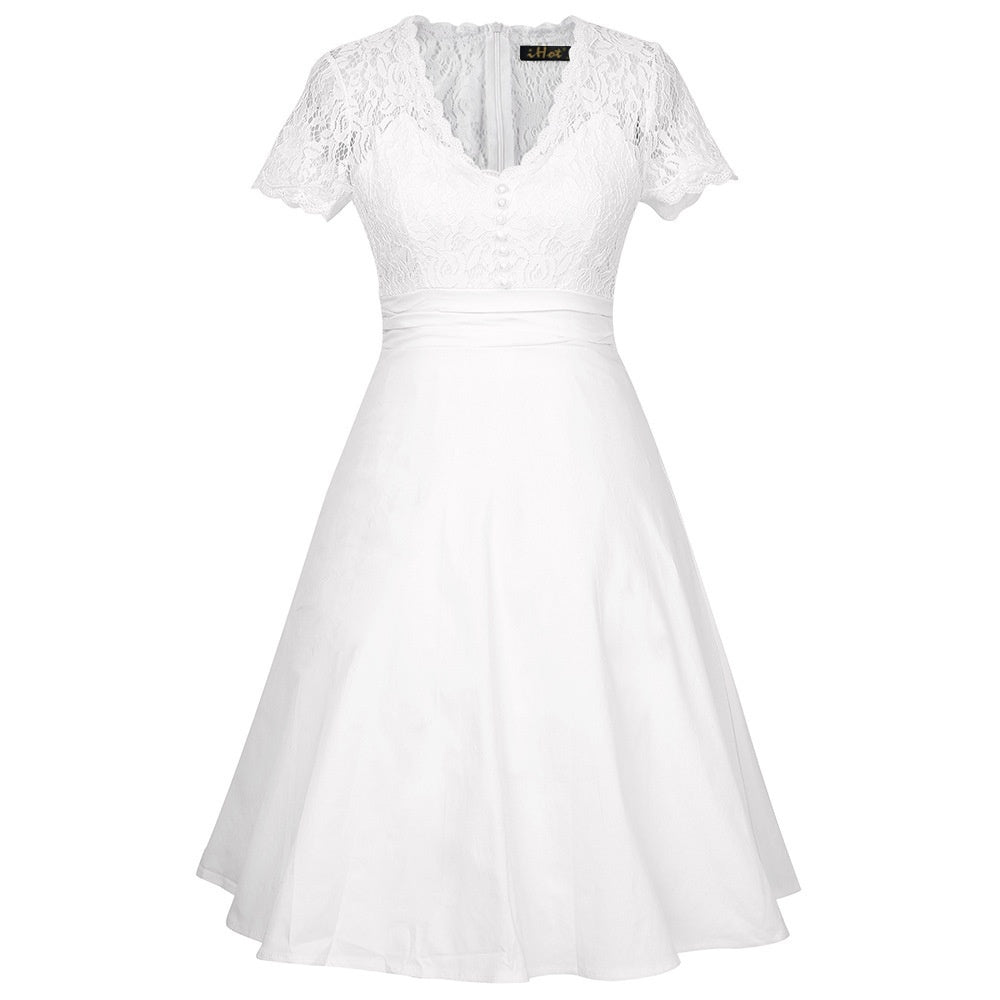 Autumn And Winter V-neck Sexy Short Sleeve Lace Hollow Dress
