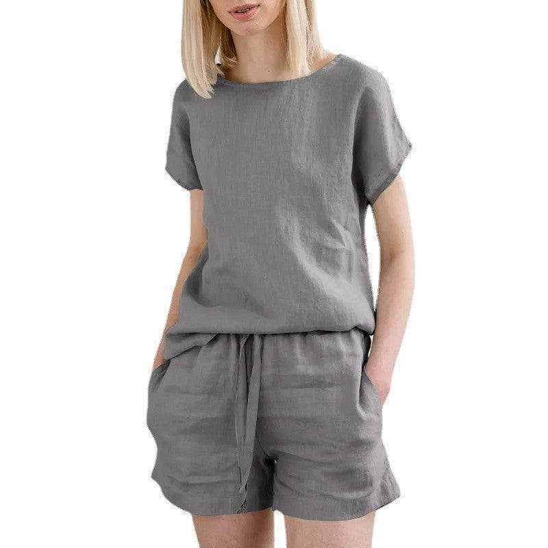 Short Sleeve Cotton Linen Retro Fashion Solid Color Top Shorts Suit