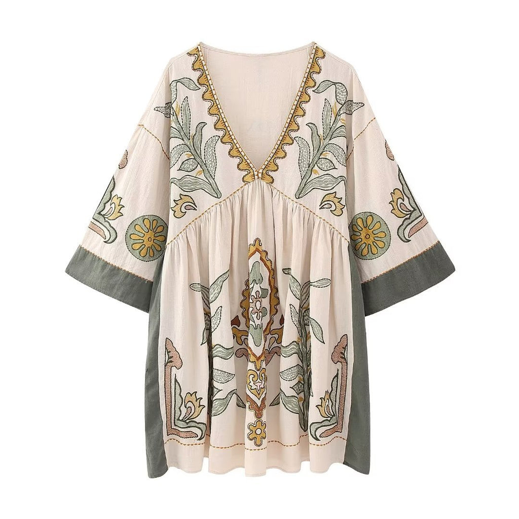 Bohemian Floral Embroidered Loose V-Neck Three-quarters Sleeve Blouse For Women - Spring Summer Autumn Casual Flowy Top