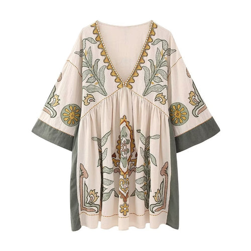 Bohemian Floral Embroidered Loose V-Neck Three-quarters Sleeve Blouse For Women - Spring Summer Autumn Casual Flowy Top