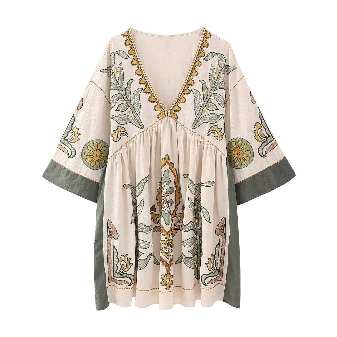 Bohemian Floral Embroidered Loose V-Neck Three-quarters Sleeve Blouse For Women - Spring Summer Autumn Casual Flowy Top