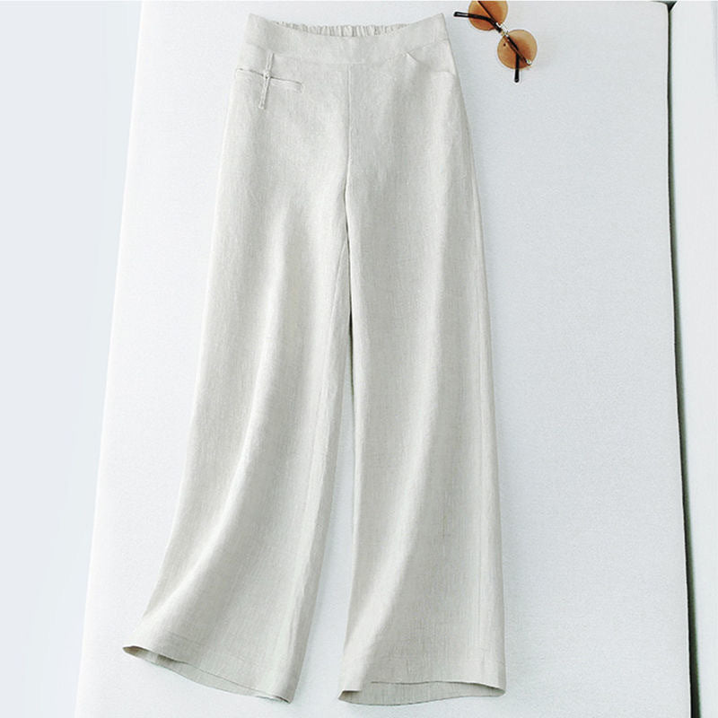 New Half Elastic High Belt Buckle Slimming Casual Cotton Linen Wide Leg Pants
