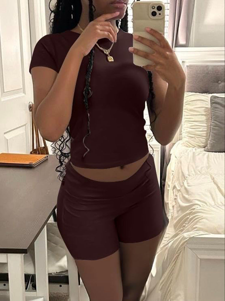 Casual Women's Workout Two-piece Short Sleeve High Waist Fold Bell-bottom Pants Shorts