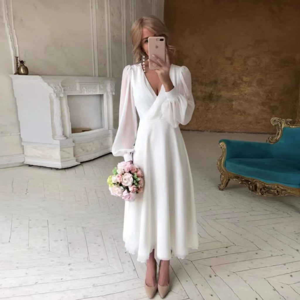 Wedding Long Sleeve Super Fairy Simple White Evening Dress