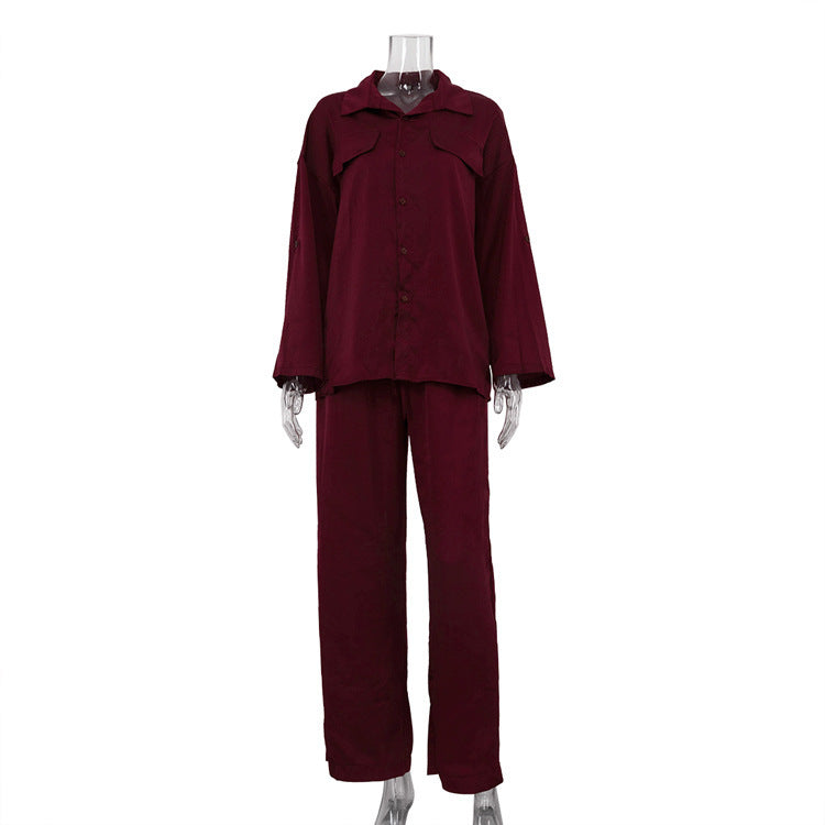 Lapel Long Sleeve Loose Shirt High Waist Trousers Two-piece Set