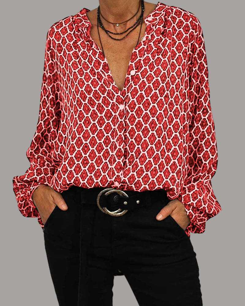 Women's Elegant V-Neck Long Sleeve Blouse With Floral Print - Spring Fashion Tunic Top For Casual & Office Wear