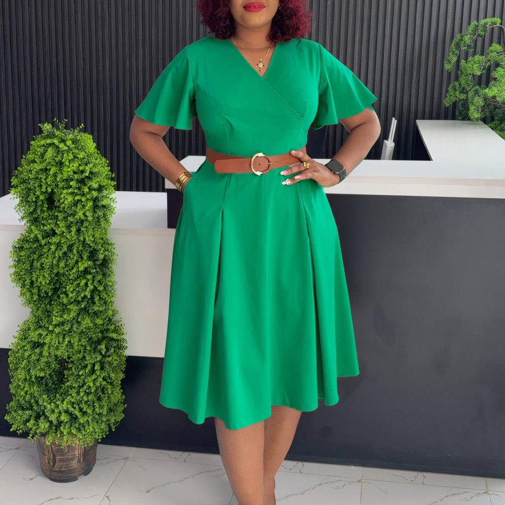 New V-neck Bell Sleeve Casual A- Line Women's Dress