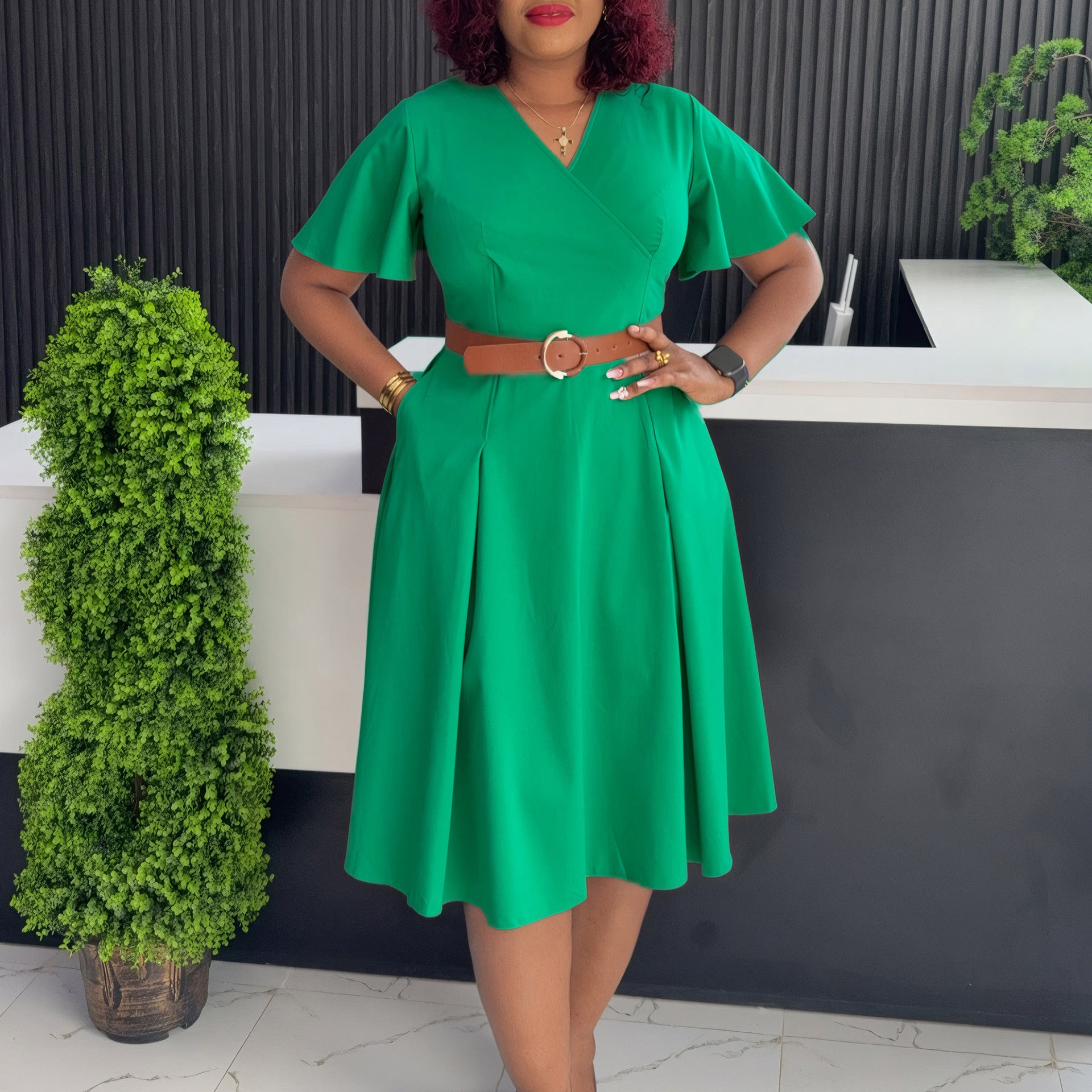 New V-neck Bell Sleeve Casual A- Line Women's Dress