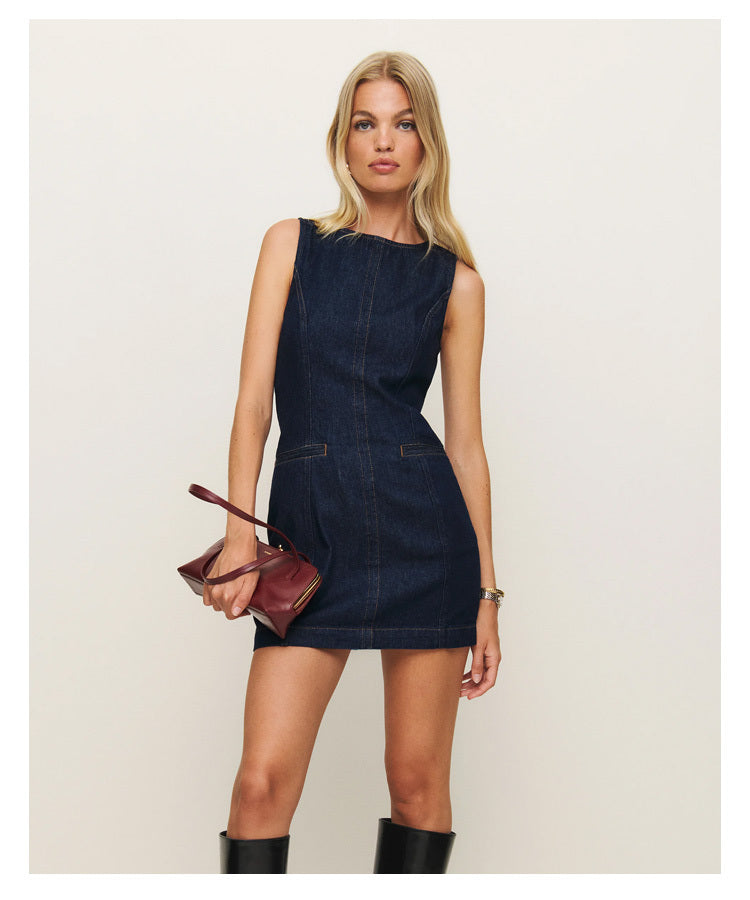 French Fashion Round Neck Slim Fit Denim Sleeveless Dress