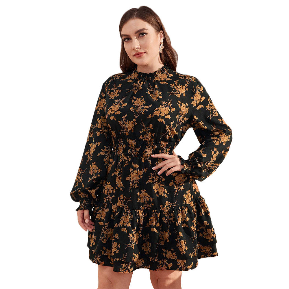 Turtleneck Puff Sleeve Ruffled Floral Dress