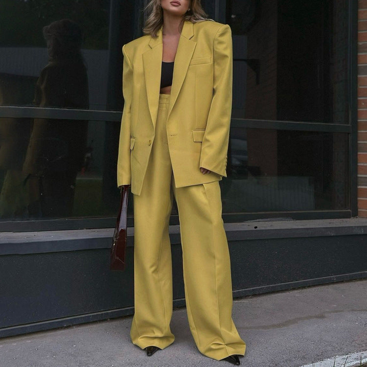 Long Sleeve Lapel Baggy Coat High Waist Wide Leg Pants Two-piece Set