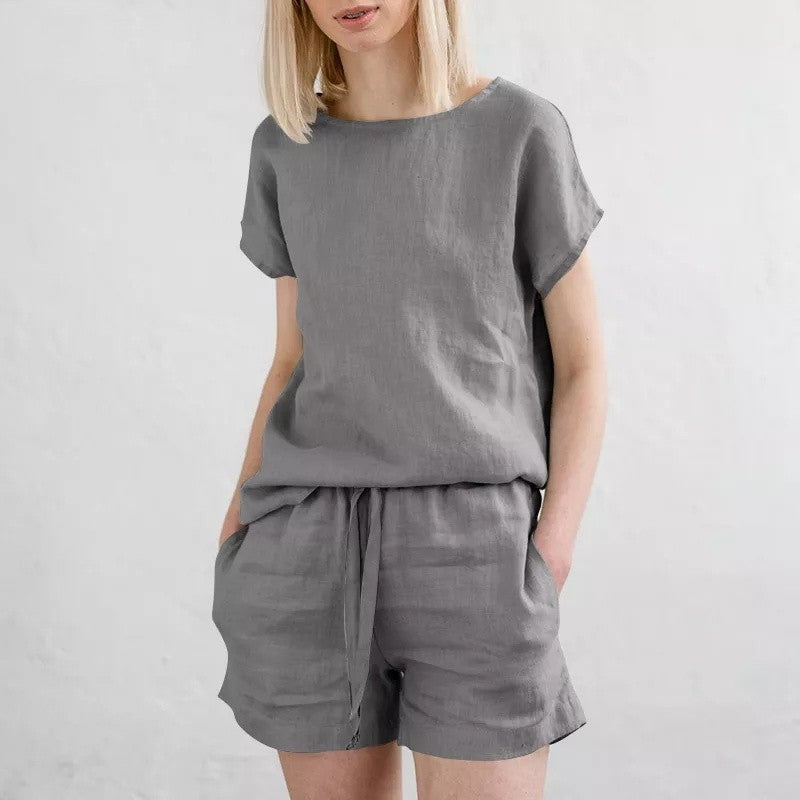 Short Sleeve Cotton Linen Retro Fashion Solid Color Top Shorts Suit