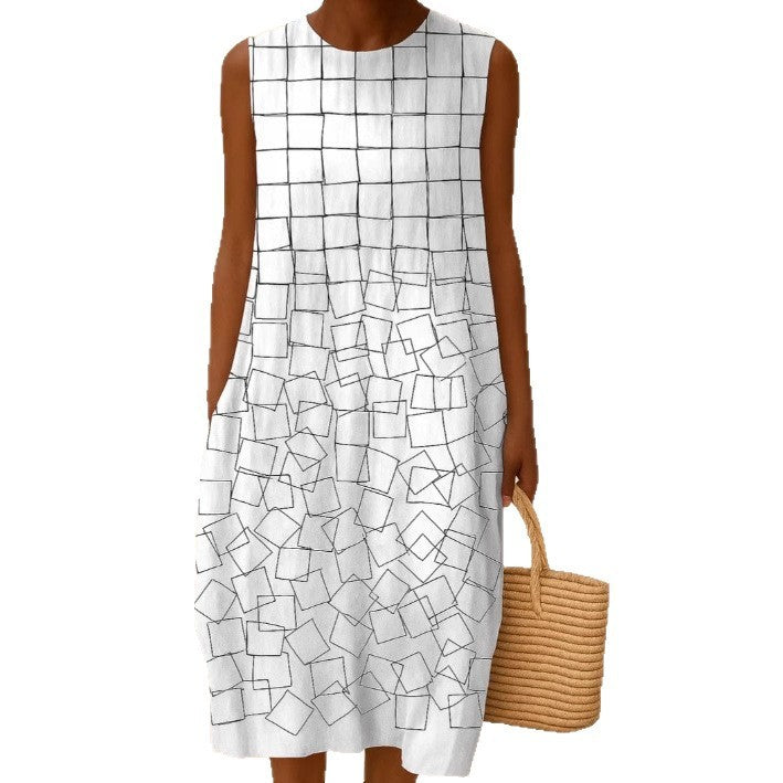 Digital Printing Pattern Sleeveless Round-neck Long-sleeved Dress