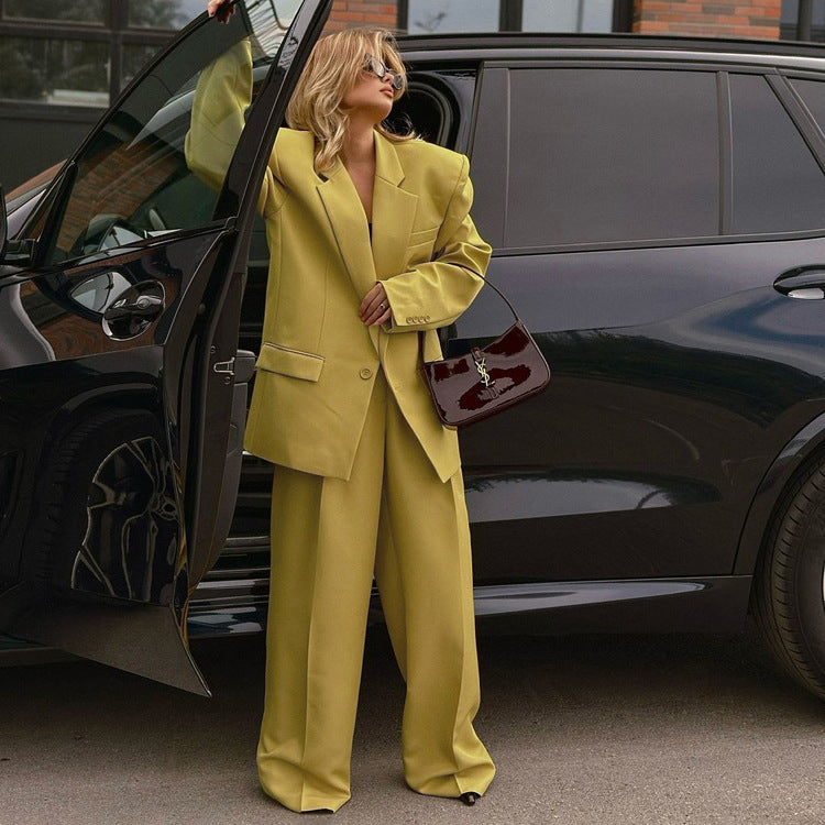 Long Sleeve Lapel Baggy Coat High Waist Wide Leg Pants Two-piece Set