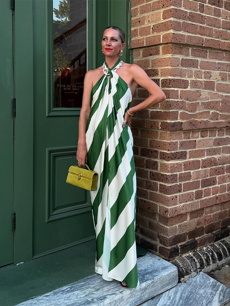 Fashion Design Temperament Contrast Color Striped Halter Dress Women