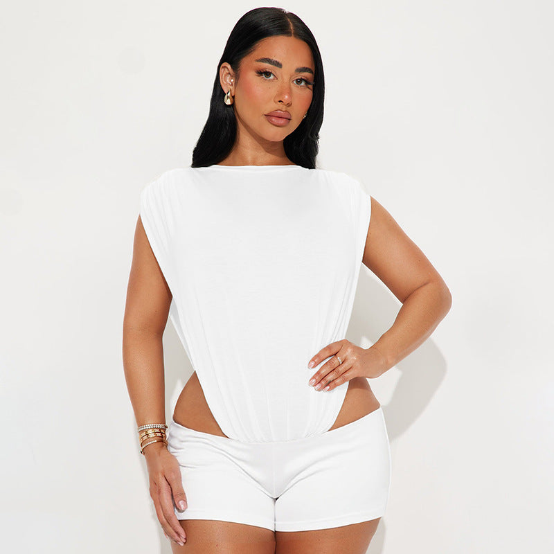 Women's Sleeveless Two-piece Hollow Siamese Top And Tight Shorts