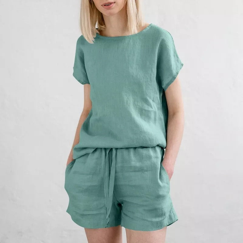 Short Sleeve Cotton Linen Retro Fashion Solid Color Top Shorts Suit