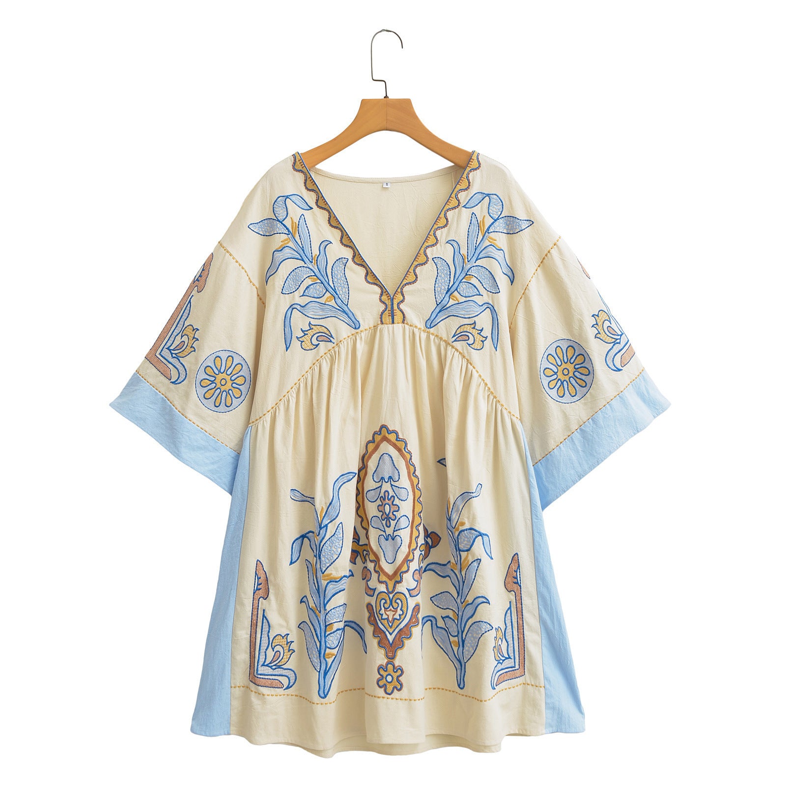 Bohemian Floral Embroidered Loose V-Neck Three-quarters Sleeve Blouse For Women - Spring Summer Autumn Casual Flowy Top