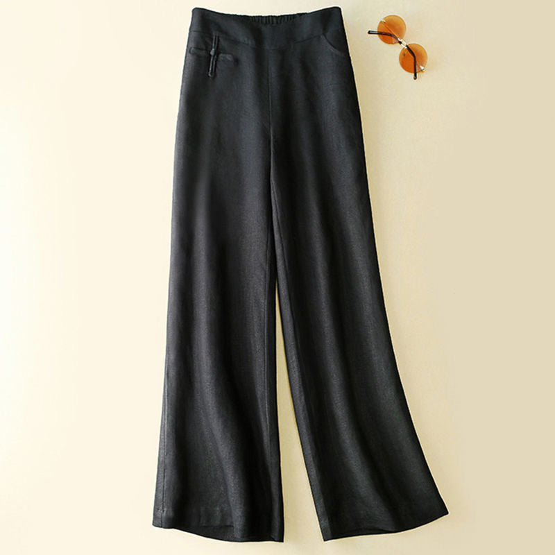 New Half Elastic High Belt Buckle Slimming Casual Cotton Linen Wide Leg Pants