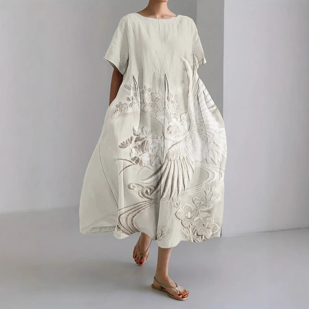 Casual Digital Printing Pattern Round Neck Pullover Short Sleeve Loose Dress