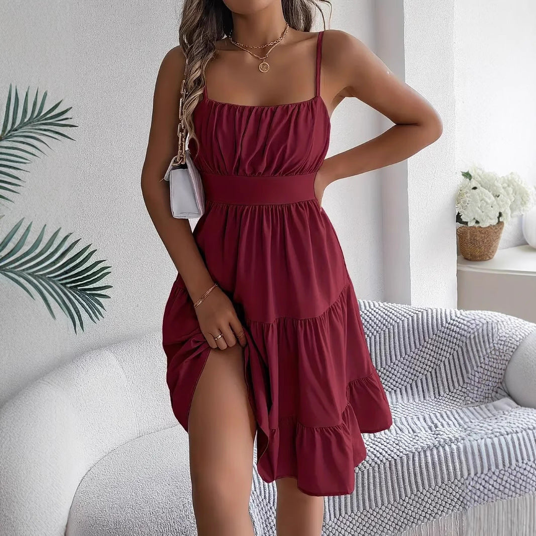 Sleeveless Sling Square Collar Smocking Layered Pleated Dress