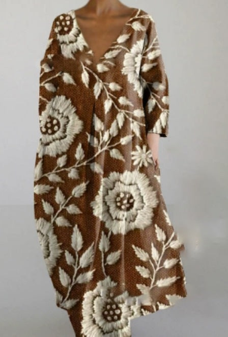 Women's Loose Round Neck Fashion Printed V-neck Dress