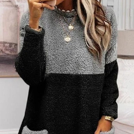 Round Neck Patchwork Pocket Long Sleeve Double-sided Velvet Sweatshirt