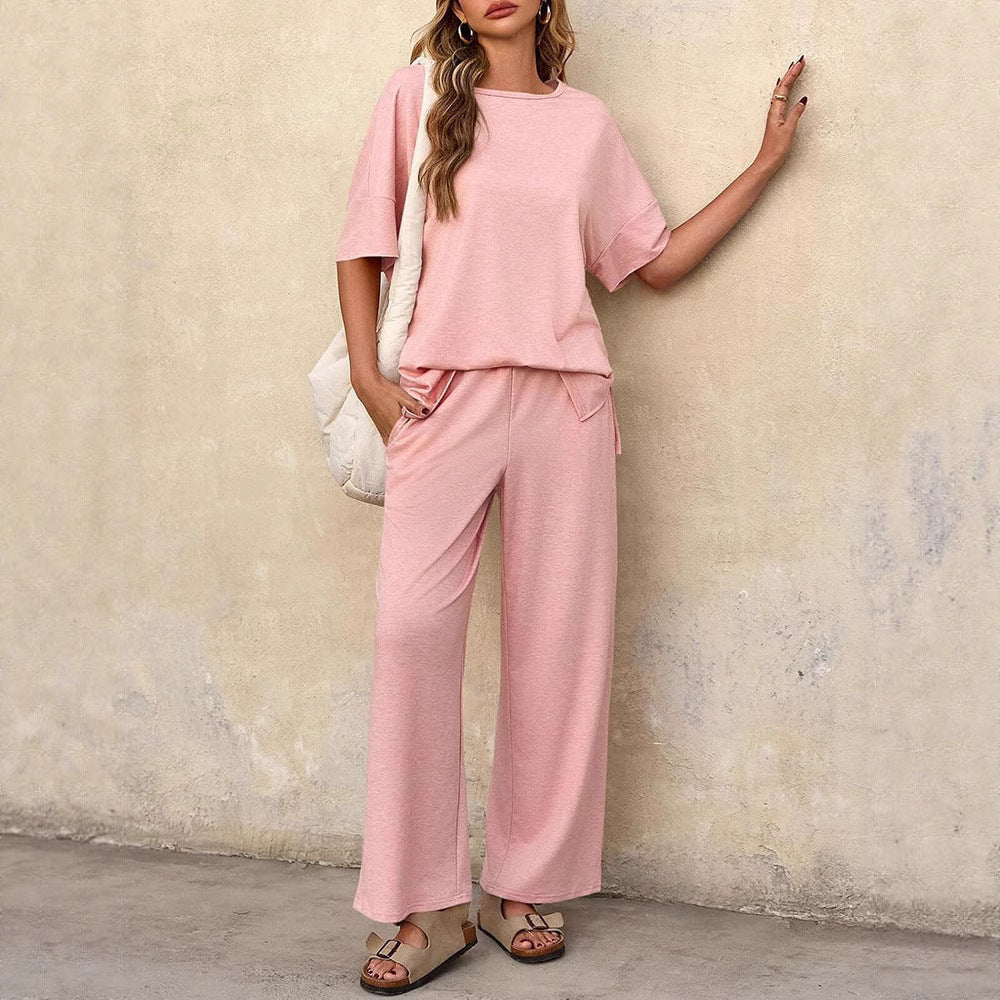 Short Sleeve Round Neck Top Wide Leg Pants Casual Women's Suit