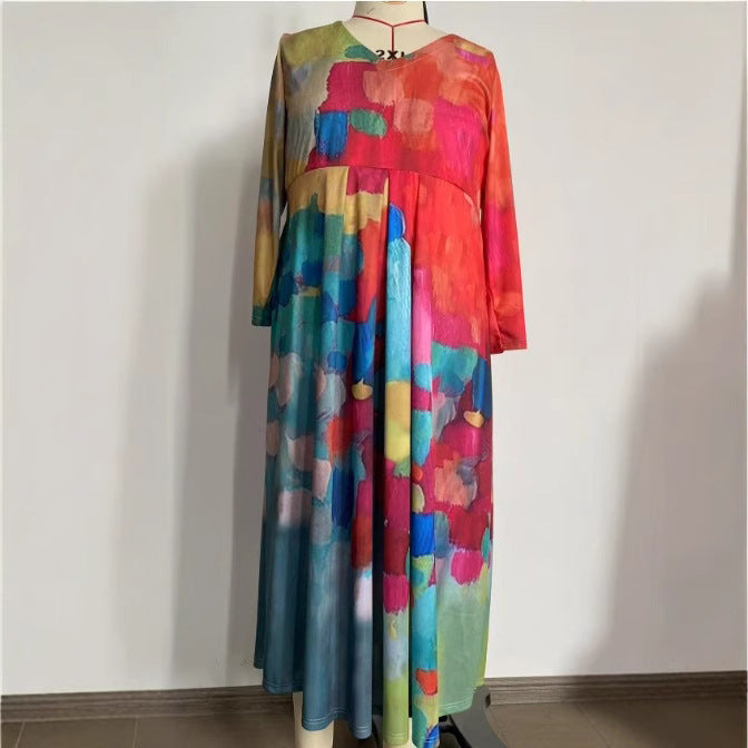 Women's Loose Round Neck Fashion Printed V-neck Dress