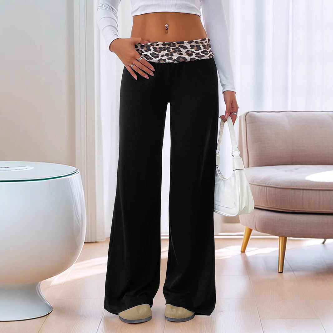 Casual Patchwork Contrast Color Leopard Print Wide Leg Pants For Women