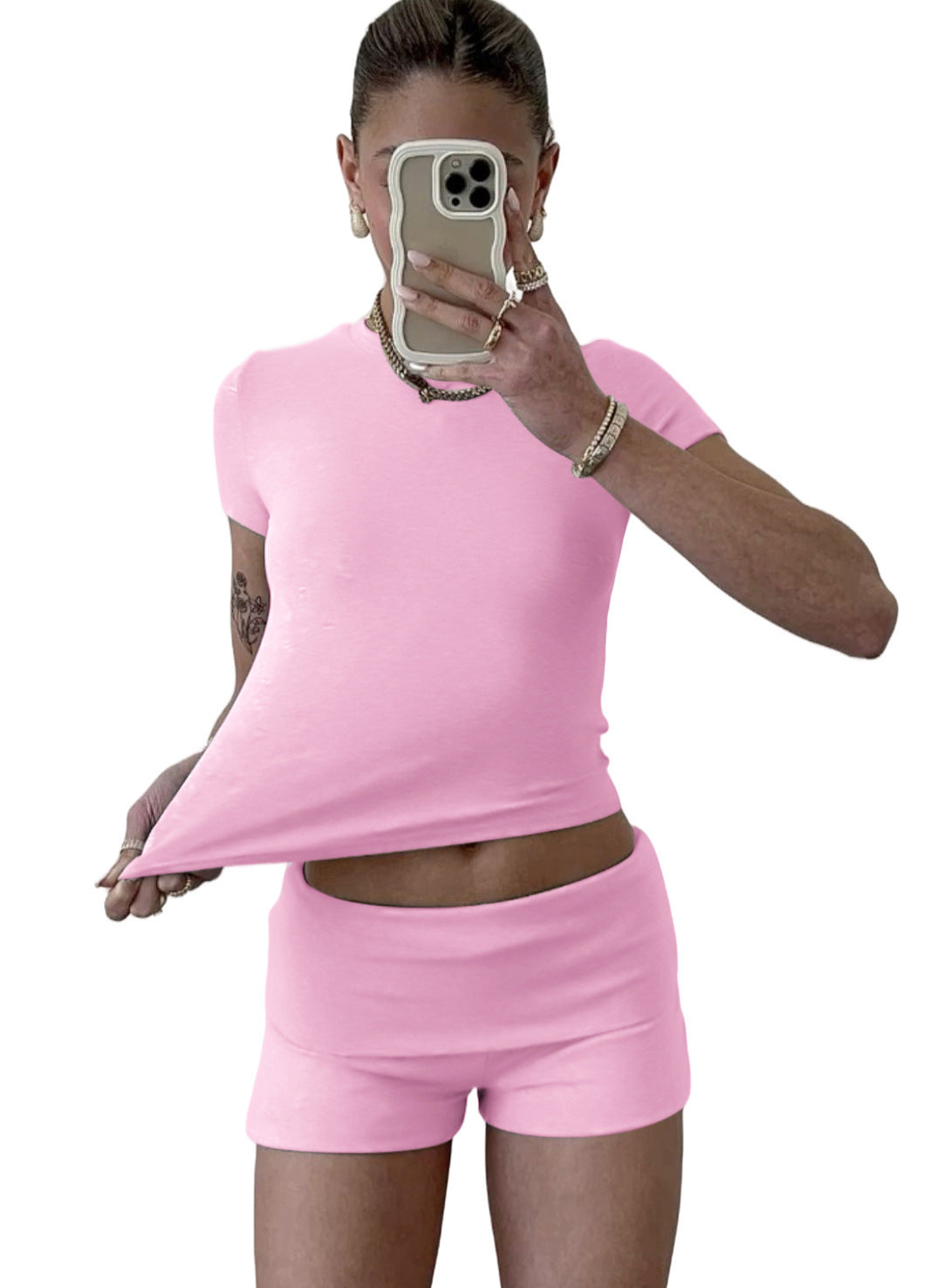 Casual Women's Workout Two-piece Short Sleeve High Waist Fold Bell-bottom Pants Shorts