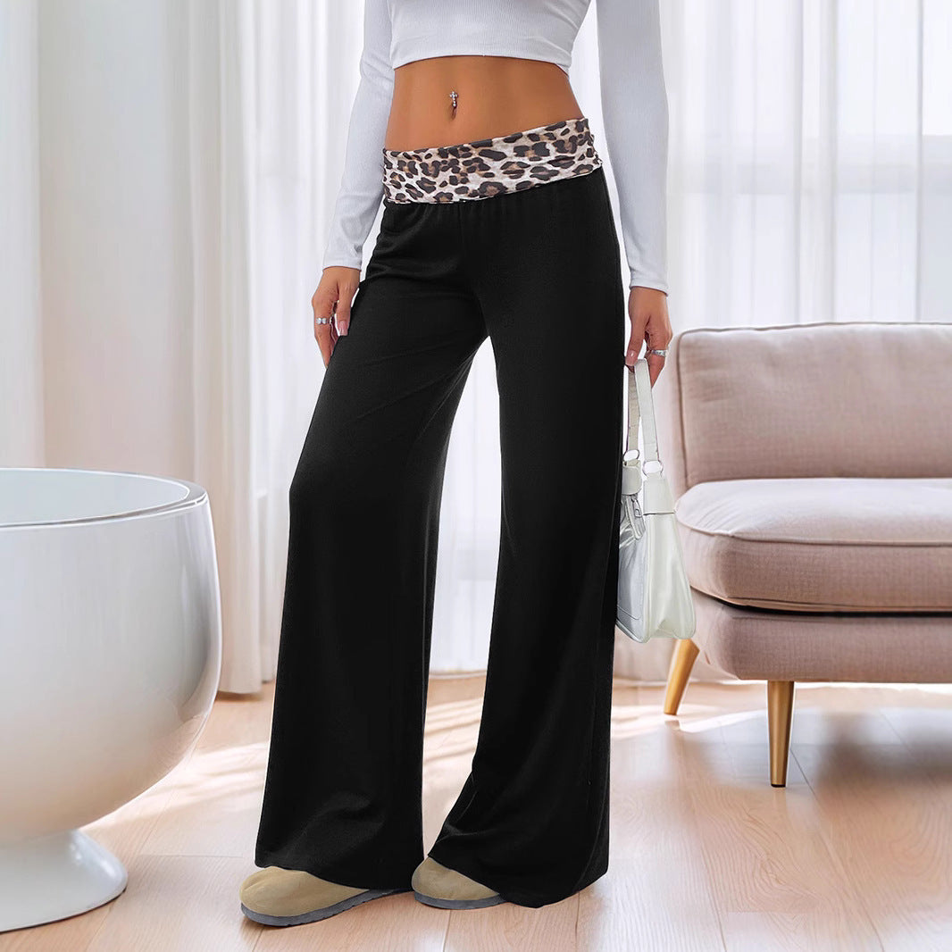 Casual Patchwork Contrast Color Leopard Print Wide Leg Pants For Women