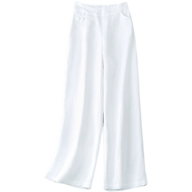 New Half Elastic High Belt Buckle Slimming Casual Cotton Linen Wide Leg Pants
