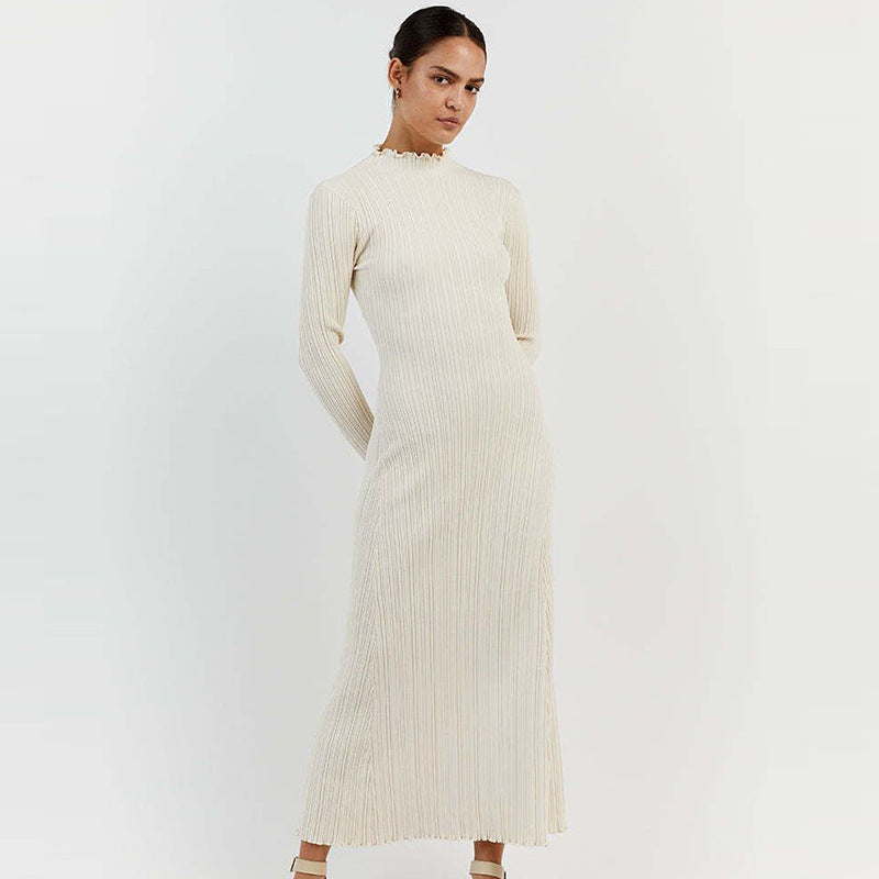 Long Sleeve Knitted Wooden Ear Turtleneck Waist-controlled Slim Fit Slimming Dress