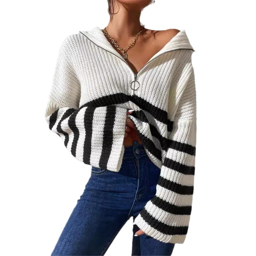 New Striped Contrast Color Stand-up Collar Knitted Pullover Sweater Outerwear Women