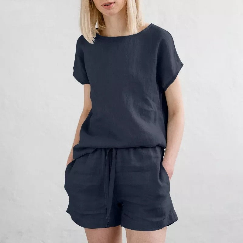 Short Sleeve Cotton Linen Retro Fashion Solid Color Top Shorts Suit