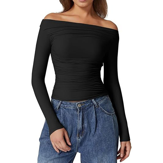 European And American Women's Clothing Top Off-shoulder Long Sleeve T-shirt