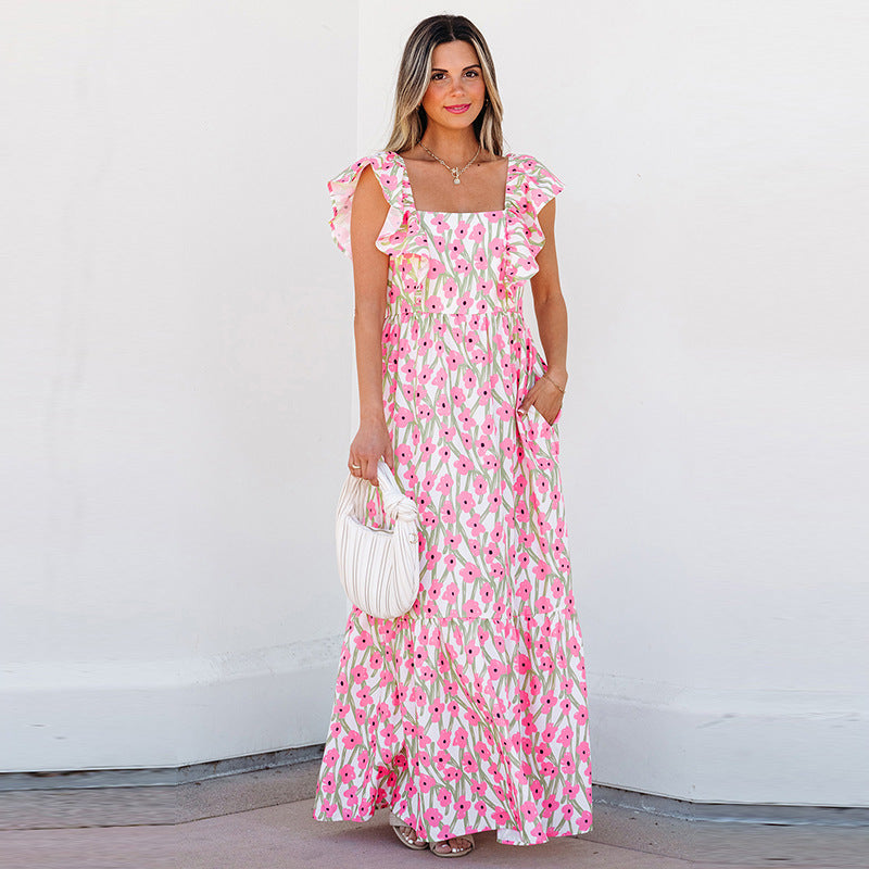 Women's Casual All-match Floral High Waist Square Collar Dress