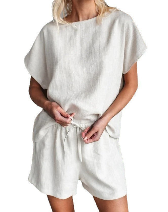 Short Sleeve Cotton Linen Retro Fashion Solid Color Top Shorts Suit