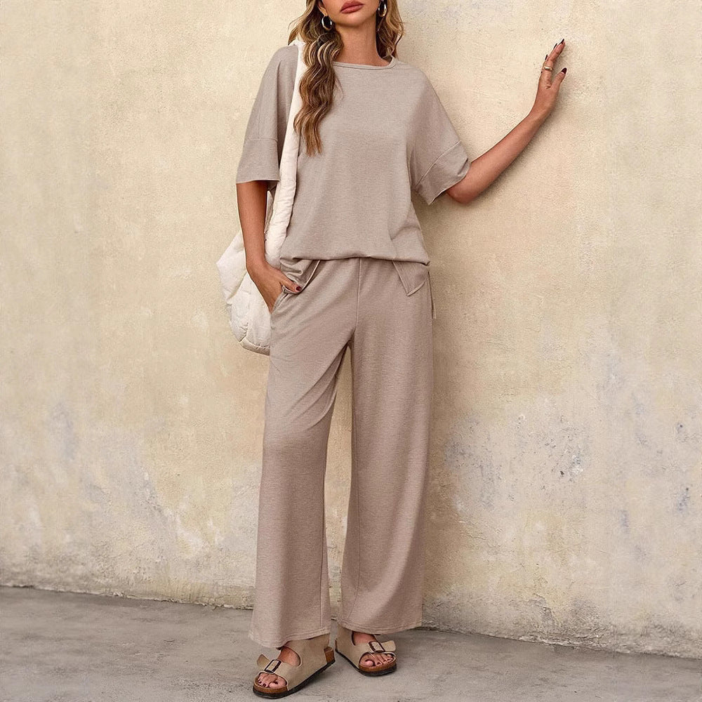 Short Sleeve Round Neck Top Wide Leg Pants Casual Women's Suit