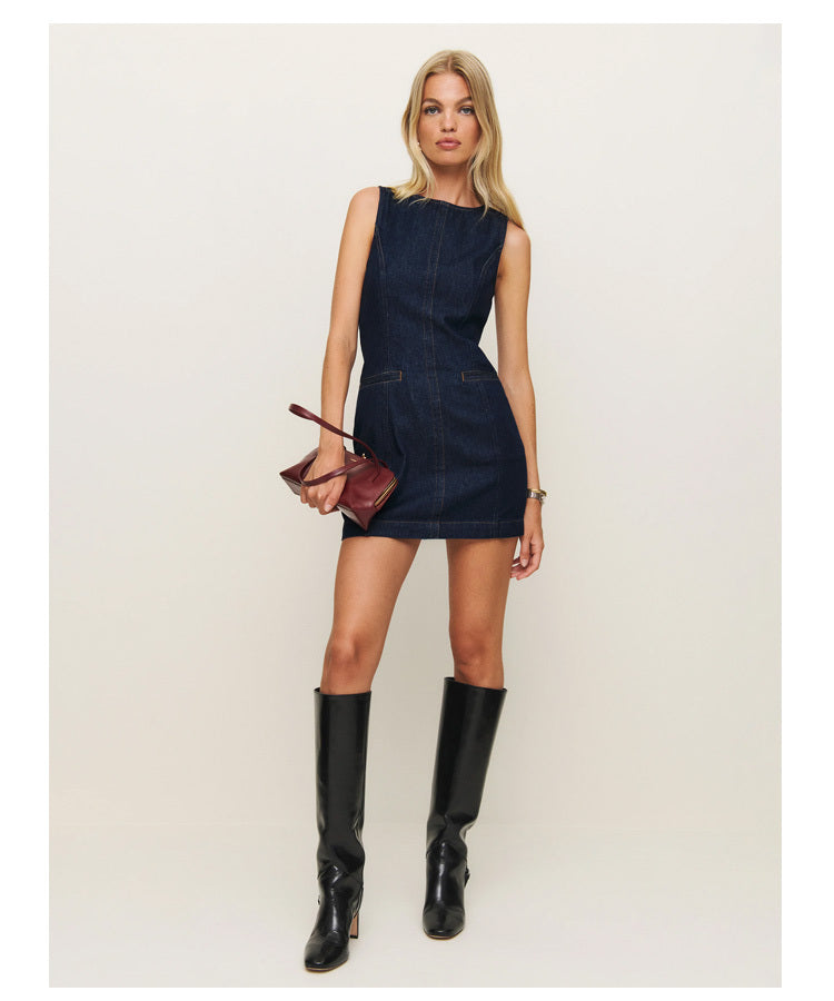 French Fashion Round Neck Slim Fit Denim Sleeveless Dress