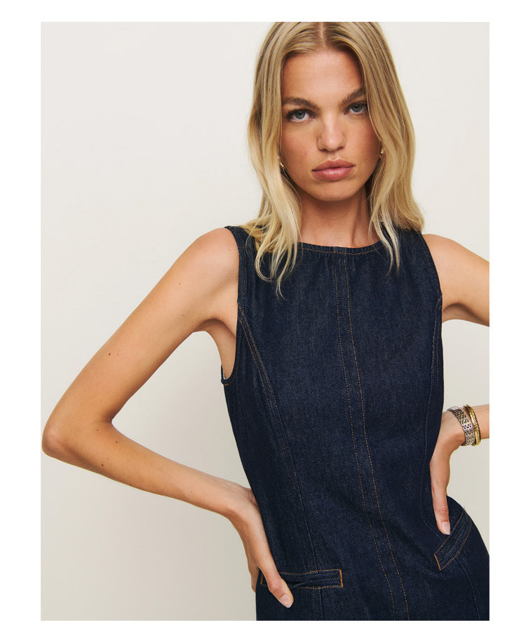 French Fashion Round Neck Slim Fit Denim Sleeveless Dress